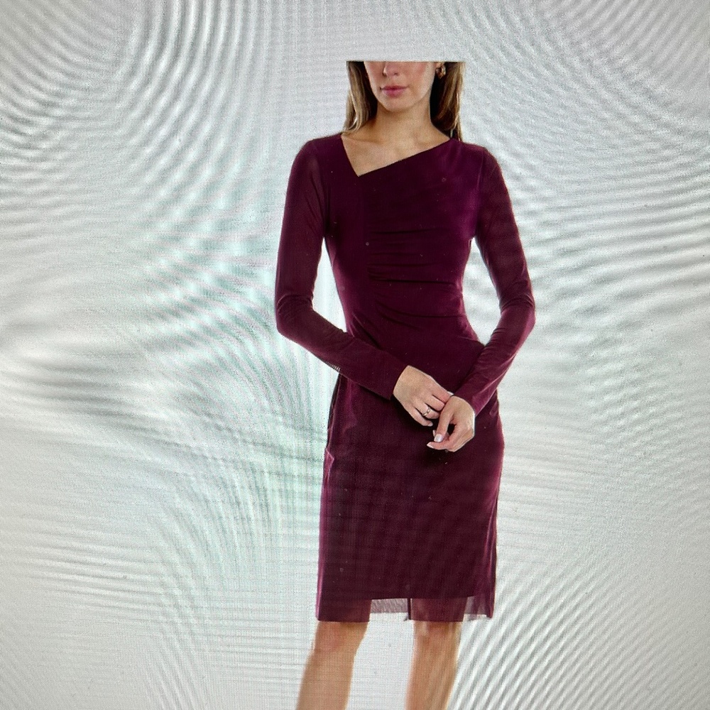 Maggy London Asymmetrical Dark Purple Dress With Sheer Mesh Sleeves NWT Size 10